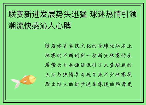 联赛新进发展势头迅猛 球迷热情引领潮流快感沁人心脾