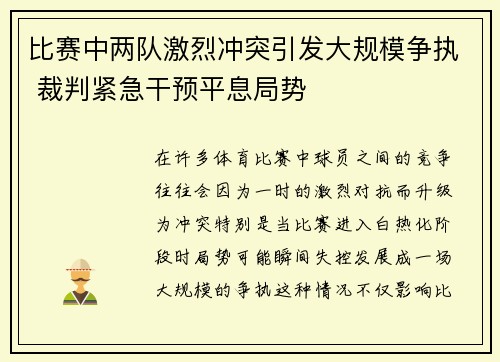 比赛中两队激烈冲突引发大规模争执 裁判紧急干预平息局势