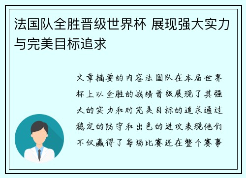 法国队全胜晋级世界杯 展现强大实力与完美目标追求